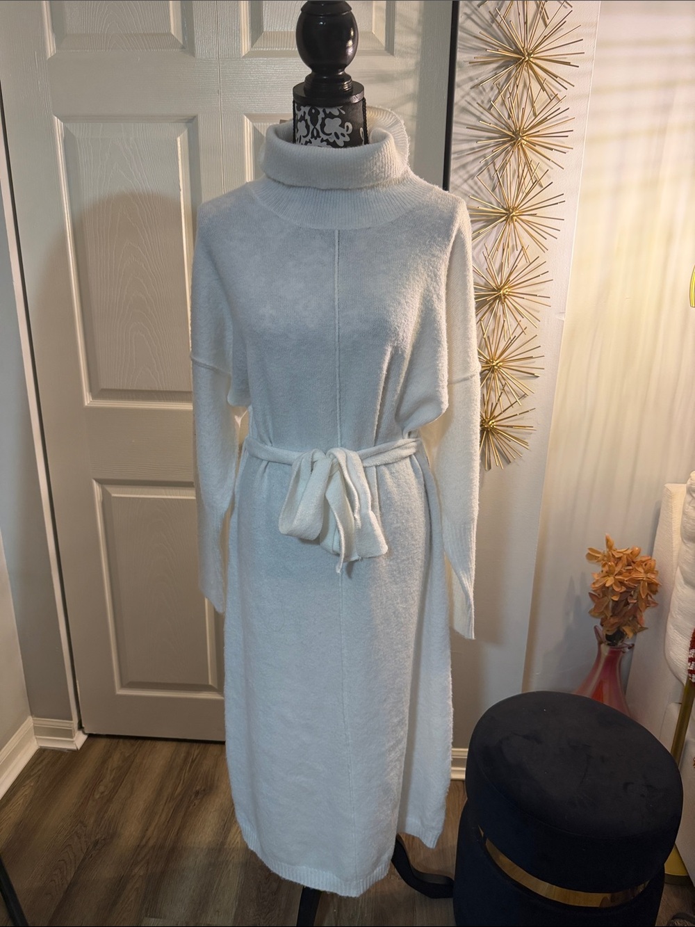 Missguided Cream Turtleneck Knit Belted Midi Dress